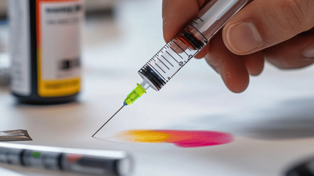 Fill the syringe halfway with ink
