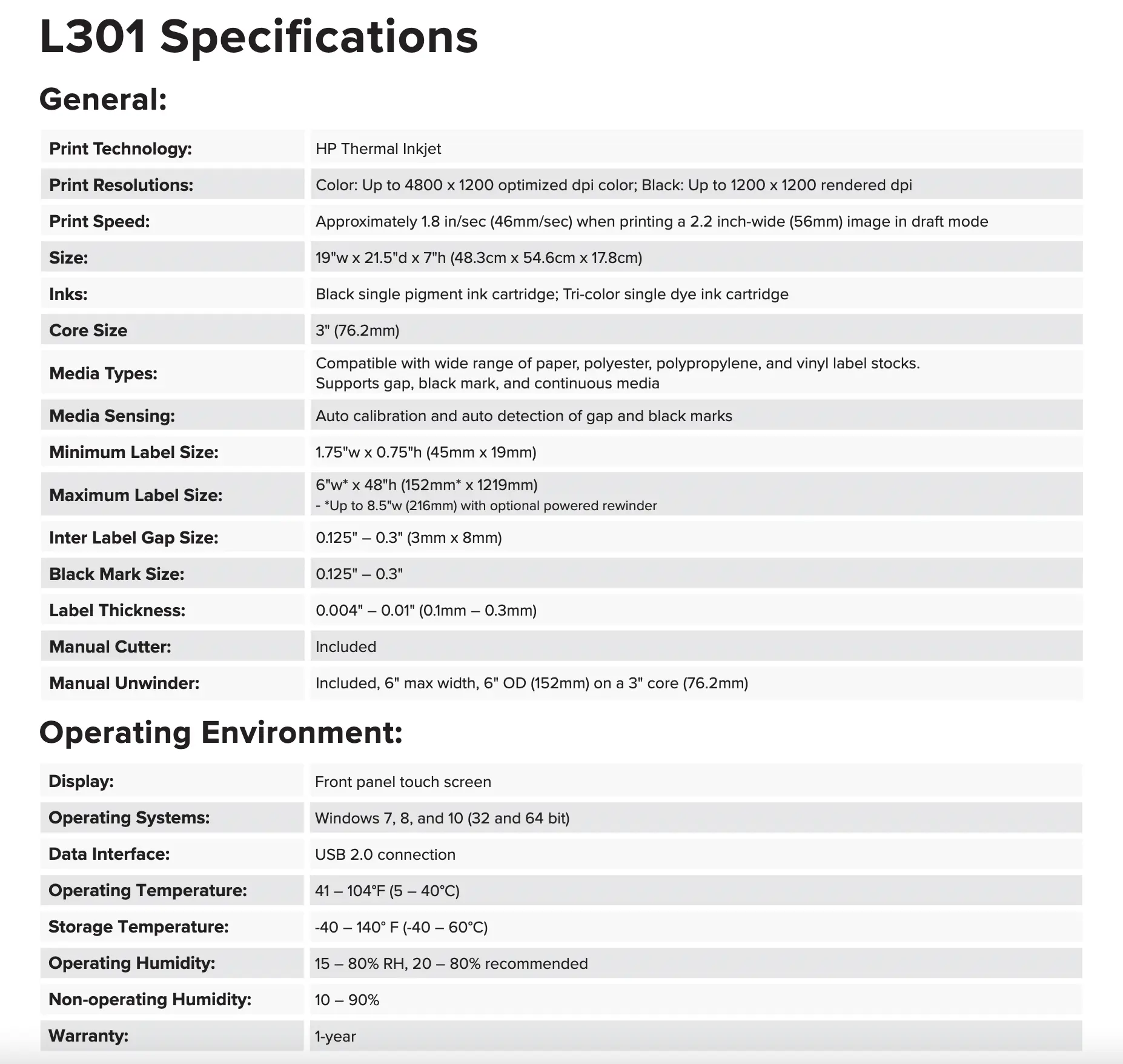 Afinia L301 Specifications