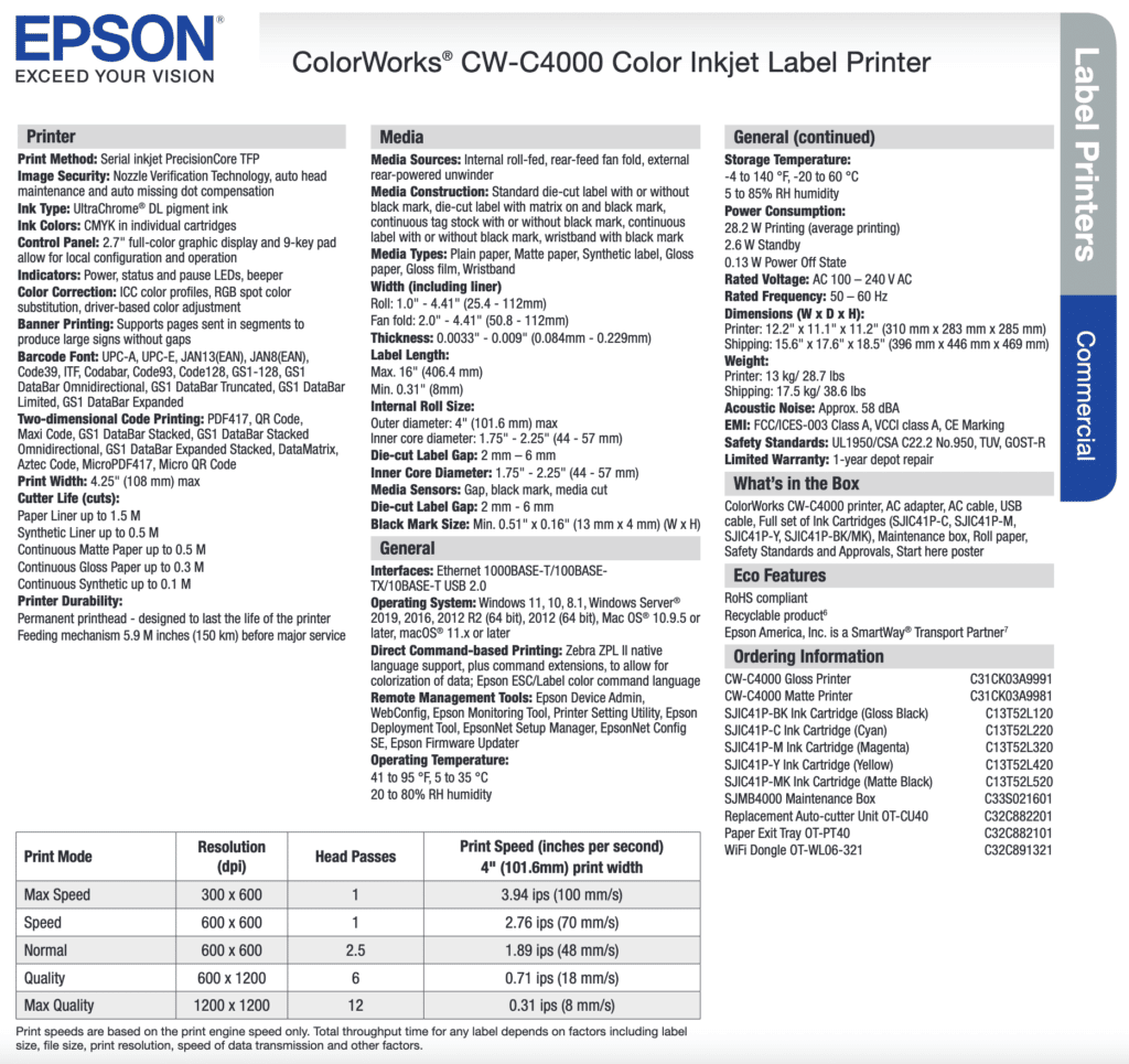 Epson ColorWorks CWC4000 Color Inkjet Label Printer (Gloss) SKU